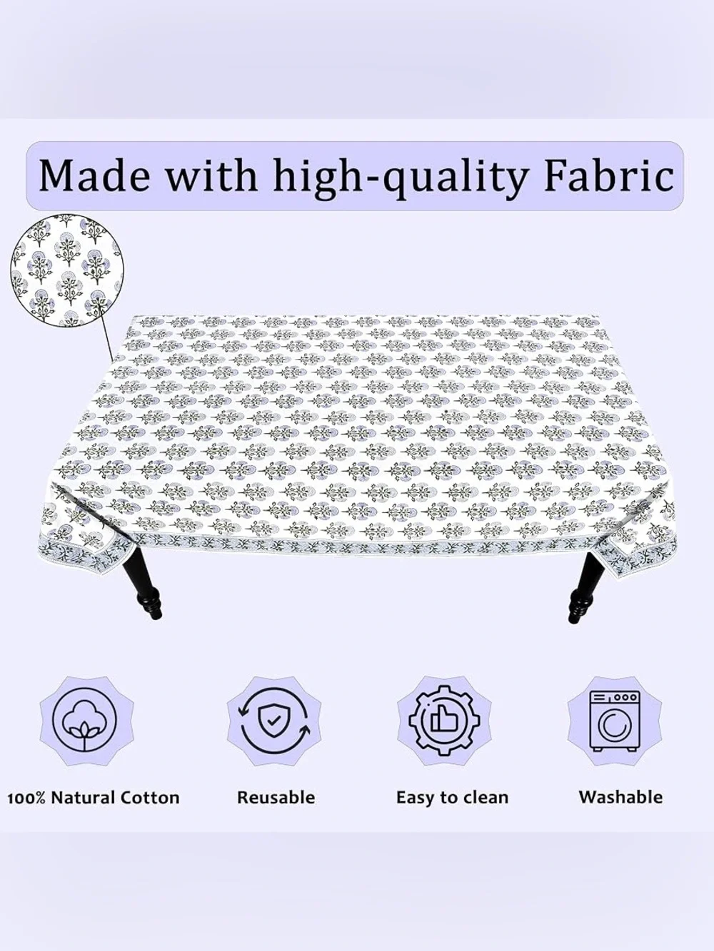 🆕 Ridhi Mughal Buta Blue Hand Block Print Cotton Reusuable Tablecloth 60”x60”